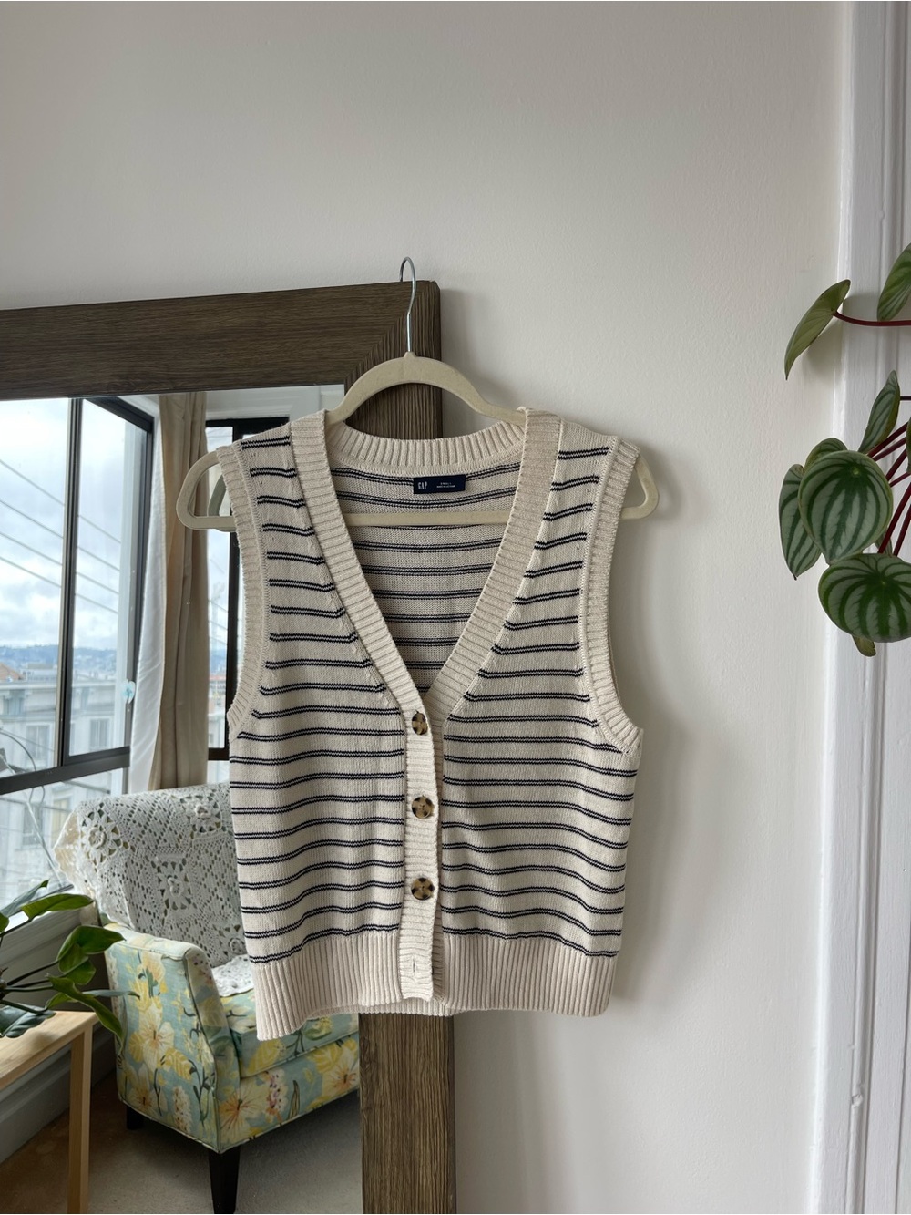 GAP Cream and Navy Striped V‑Neck Button Sweater Vest